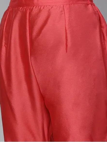 Women'S Coral Pink & Golden Woven Design Kurta With Sharara