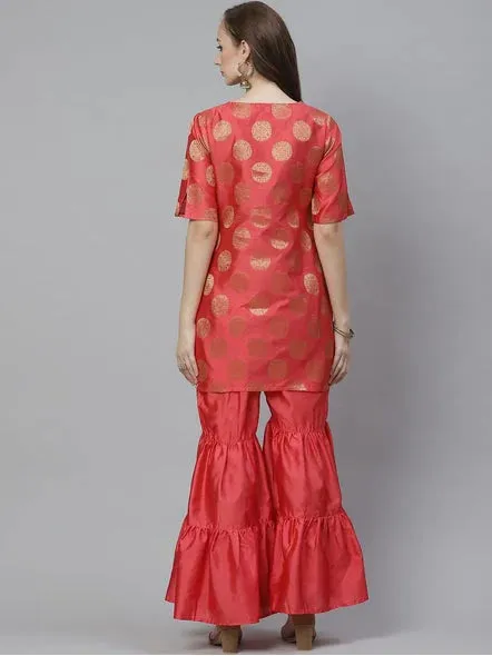 Women'S Coral Pink & Golden Woven Design Kurta With Sharara