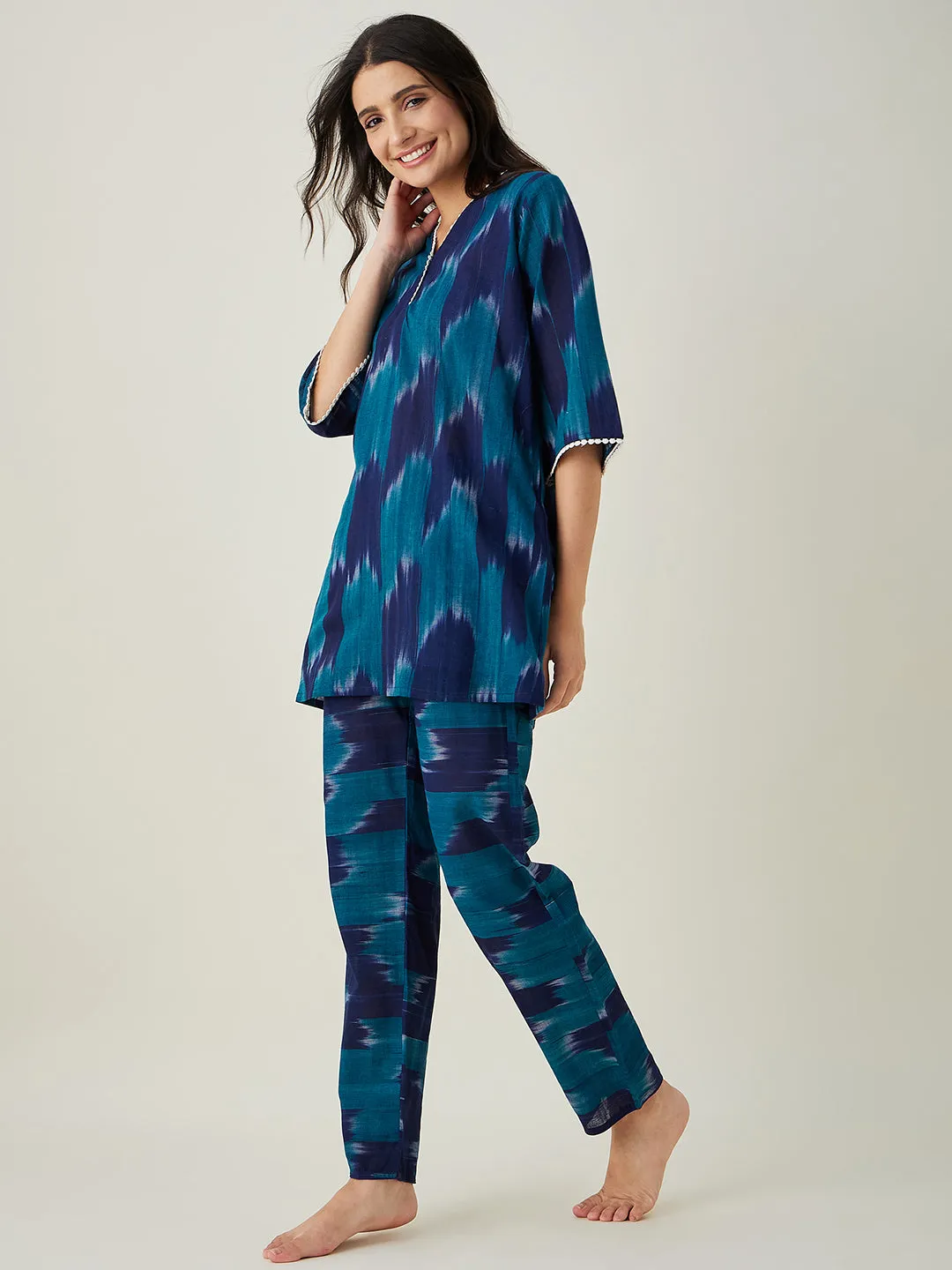 women's Green Handloom ikat Coord set - The Kaftan Company
