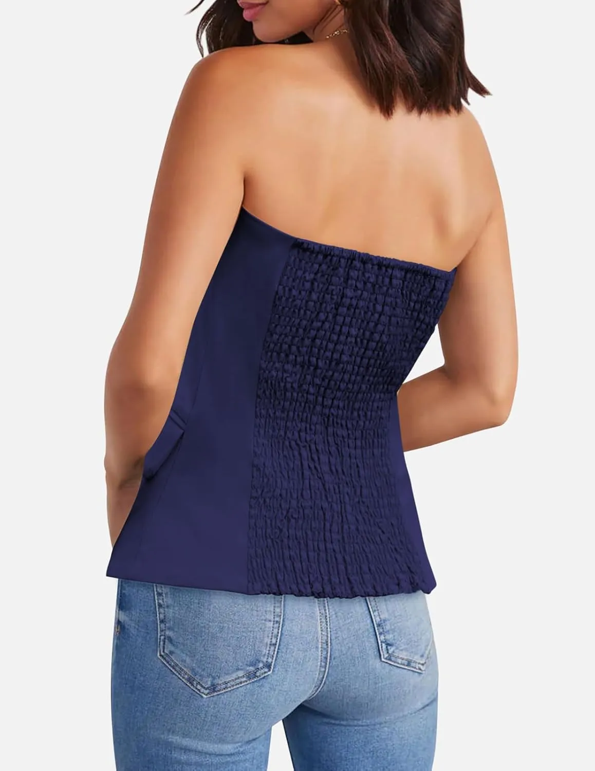 Yousify Womens Strapless Smocked Tube Top Sleeveless Button Fitted Blazer Vest 2025 Work Business Casual Tank Tops