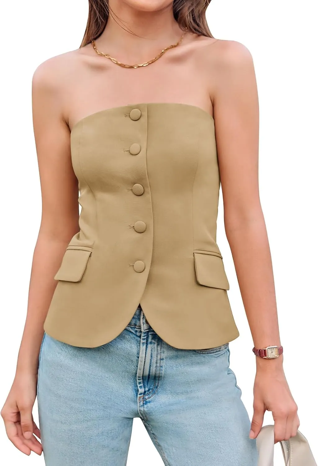 Yousify Womens Strapless Smocked Tube Top Sleeveless Button Fitted Blazer Vest 2025 Work Business Casual Tank Tops