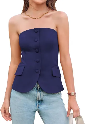 Yousify Womens Strapless Smocked Tube Top Sleeveless Button Fitted Blazer Vest 2025 Work Business Casual Tank Tops
