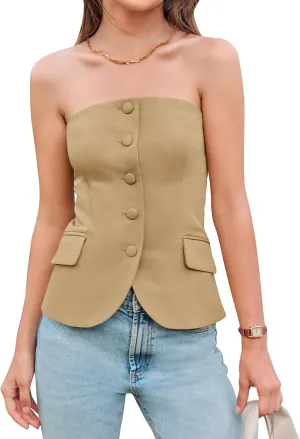 Yousify Womens Strapless Smocked Tube Top Sleeveless Button Fitted Blazer Vest 2025 Work Business Casual Tank Tops