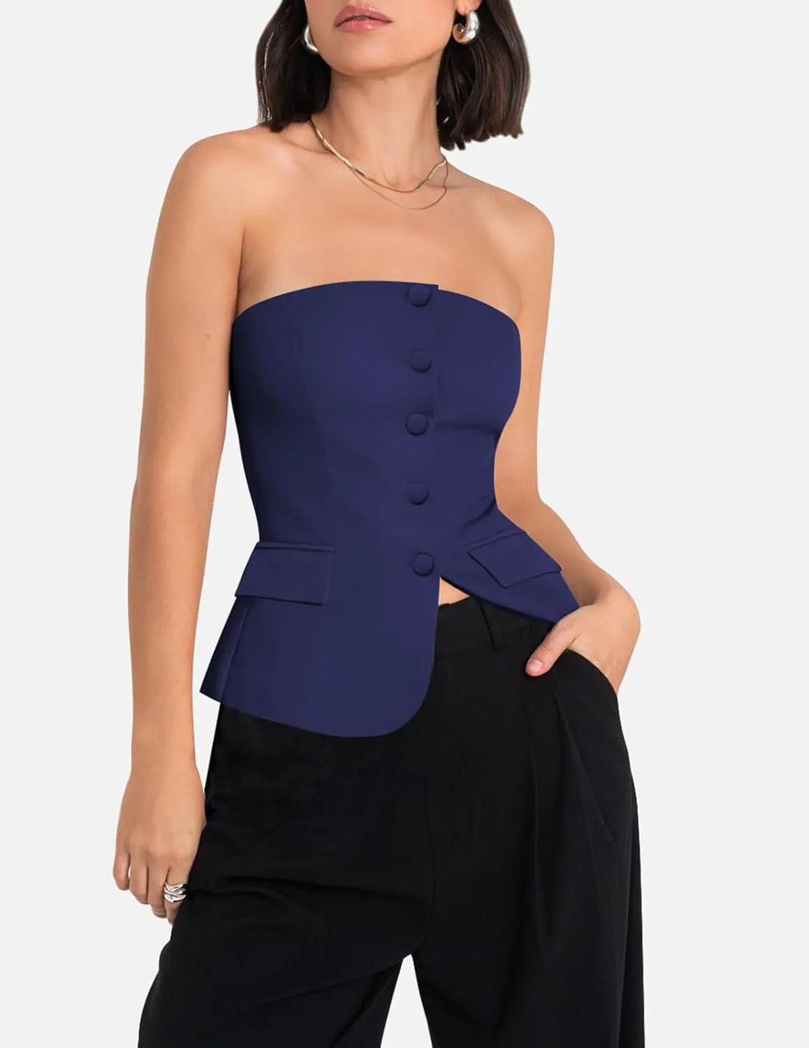 Yousify Womens Strapless Smocked Tube Top Sleeveless Button Fitted Blazer Vest 2025 Work Business Casual Tank Tops
