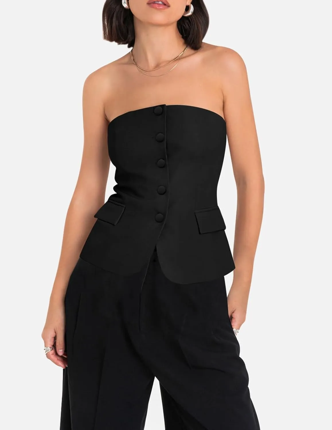 Yousify Womens Strapless Smocked Tube Top Sleeveless Button Fitted Blazer Vest 2025 Work Business Casual Tank Tops