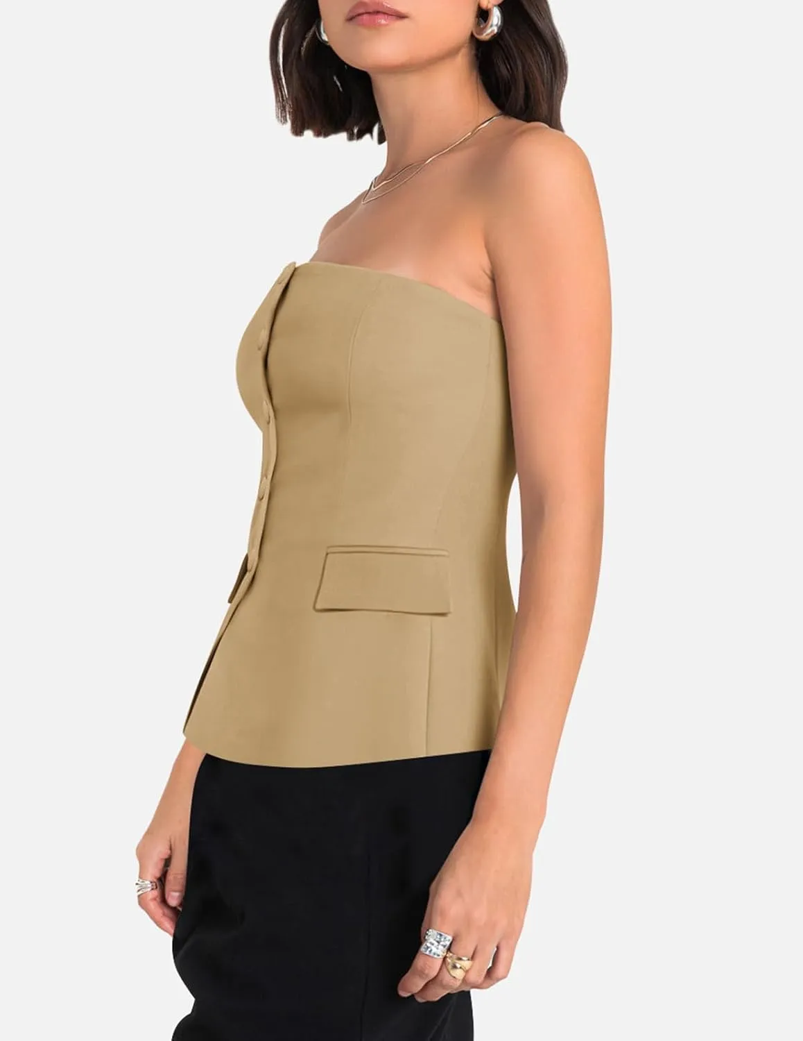 Yousify Womens Strapless Smocked Tube Top Sleeveless Button Fitted Blazer Vest 2025 Work Business Casual Tank Tops