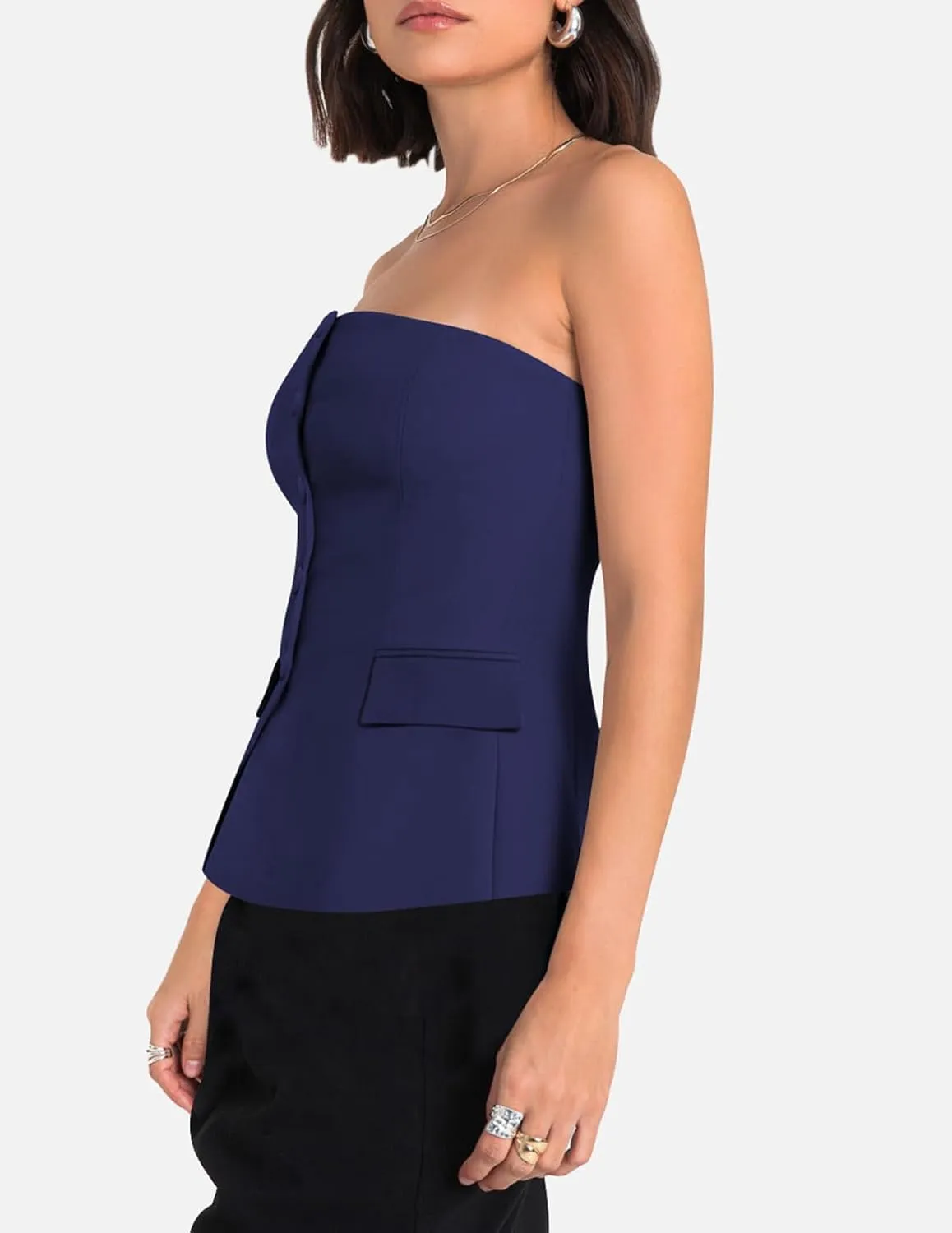 Yousify Womens Strapless Smocked Tube Top Sleeveless Button Fitted Blazer Vest 2025 Work Business Casual Tank Tops