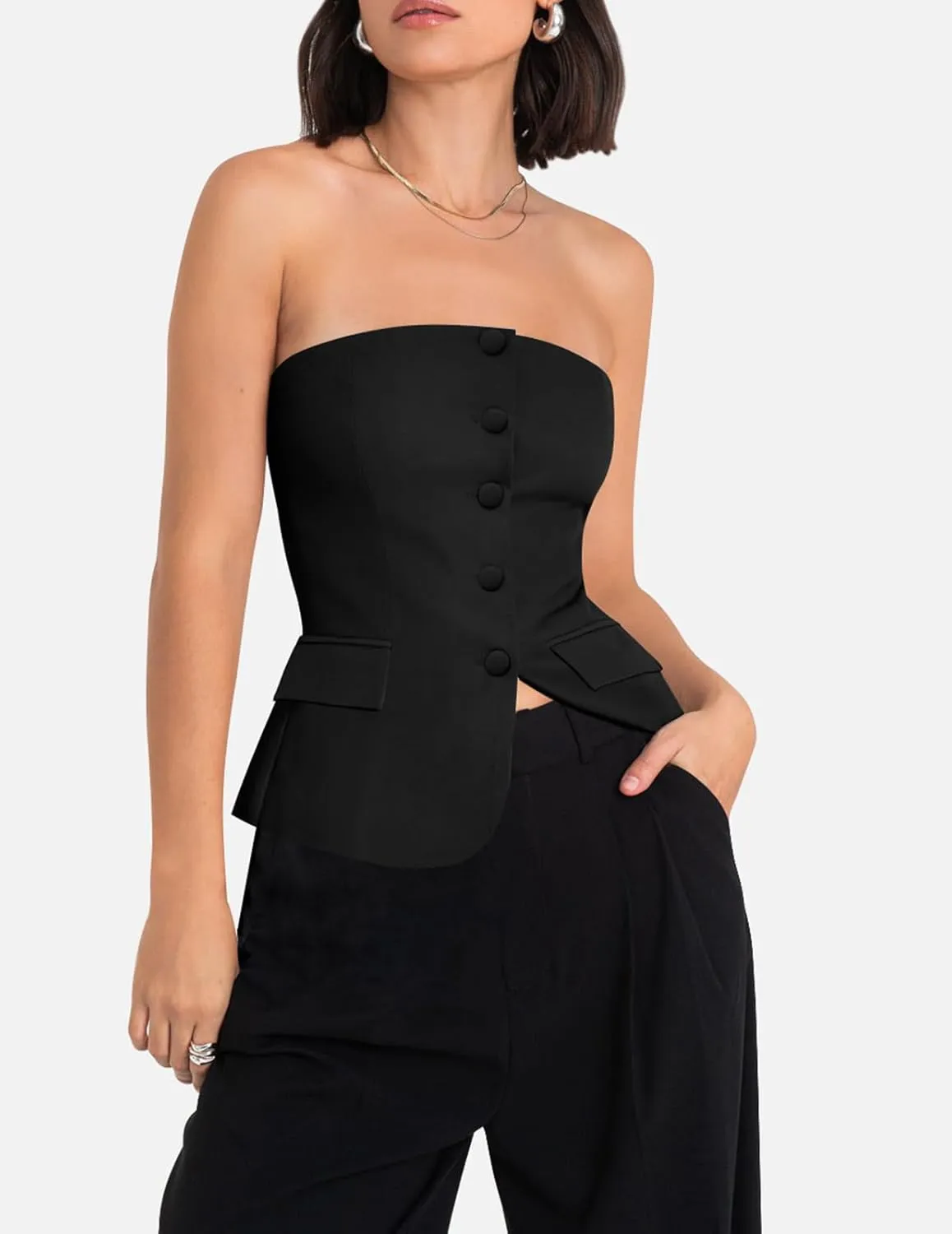Yousify Womens Strapless Smocked Tube Top Sleeveless Button Fitted Blazer Vest 2025 Work Business Casual Tank Tops