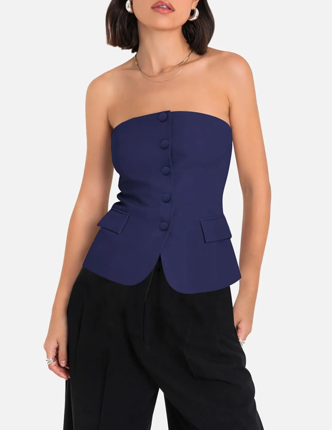 Yousify Womens Strapless Smocked Tube Top Sleeveless Button Fitted Blazer Vest 2025 Work Business Casual Tank Tops