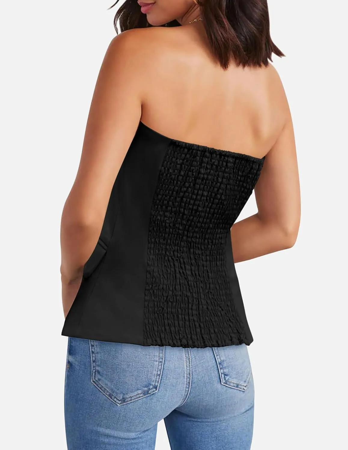 Yousify Womens Strapless Smocked Tube Top Sleeveless Button Fitted Blazer Vest 2025 Work Business Casual Tank Tops