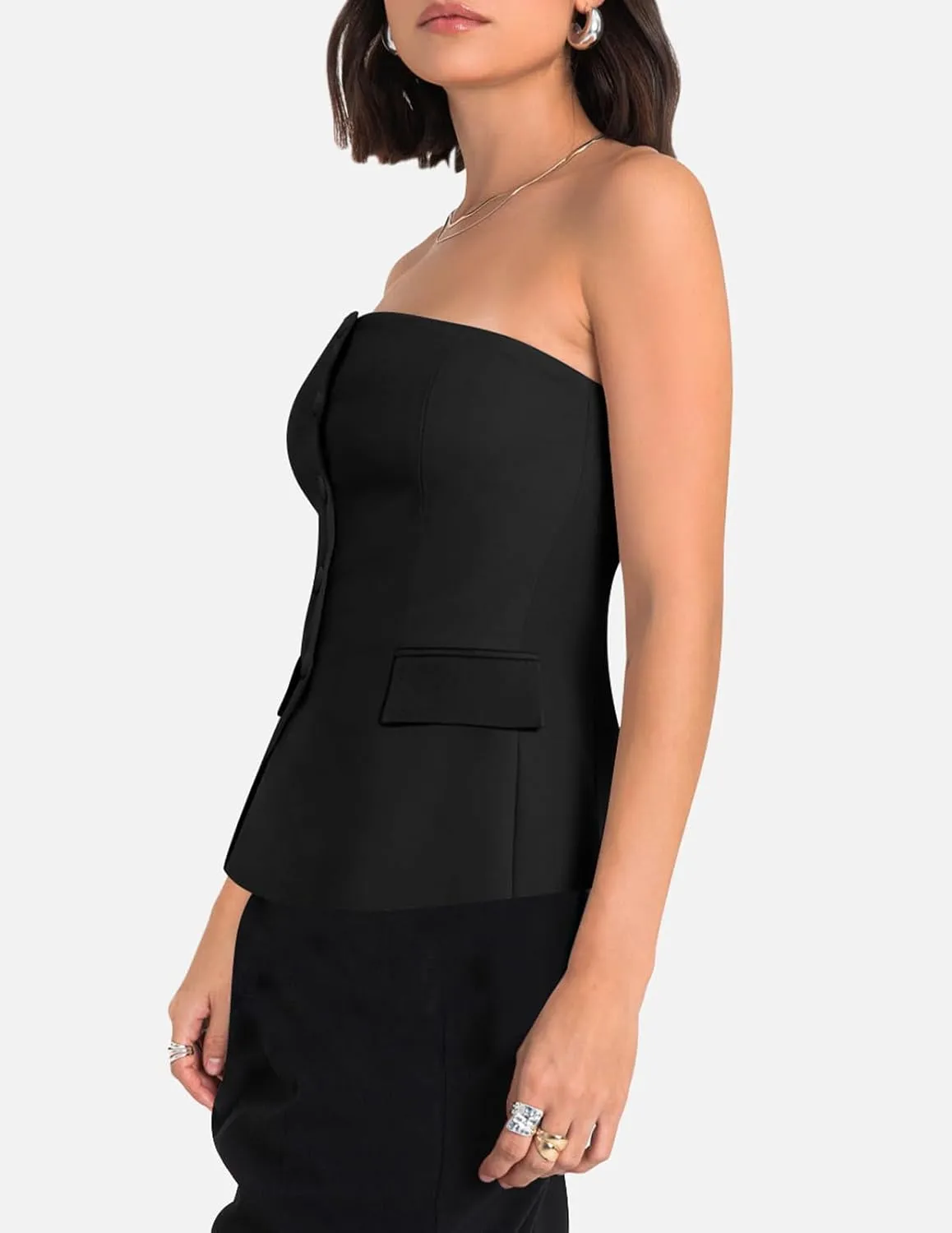 Yousify Womens Strapless Smocked Tube Top Sleeveless Button Fitted Blazer Vest 2025 Work Business Casual Tank Tops