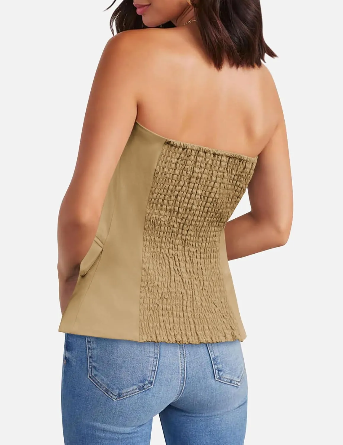 Yousify Womens Strapless Smocked Tube Top Sleeveless Button Fitted Blazer Vest 2025 Work Business Casual Tank Tops