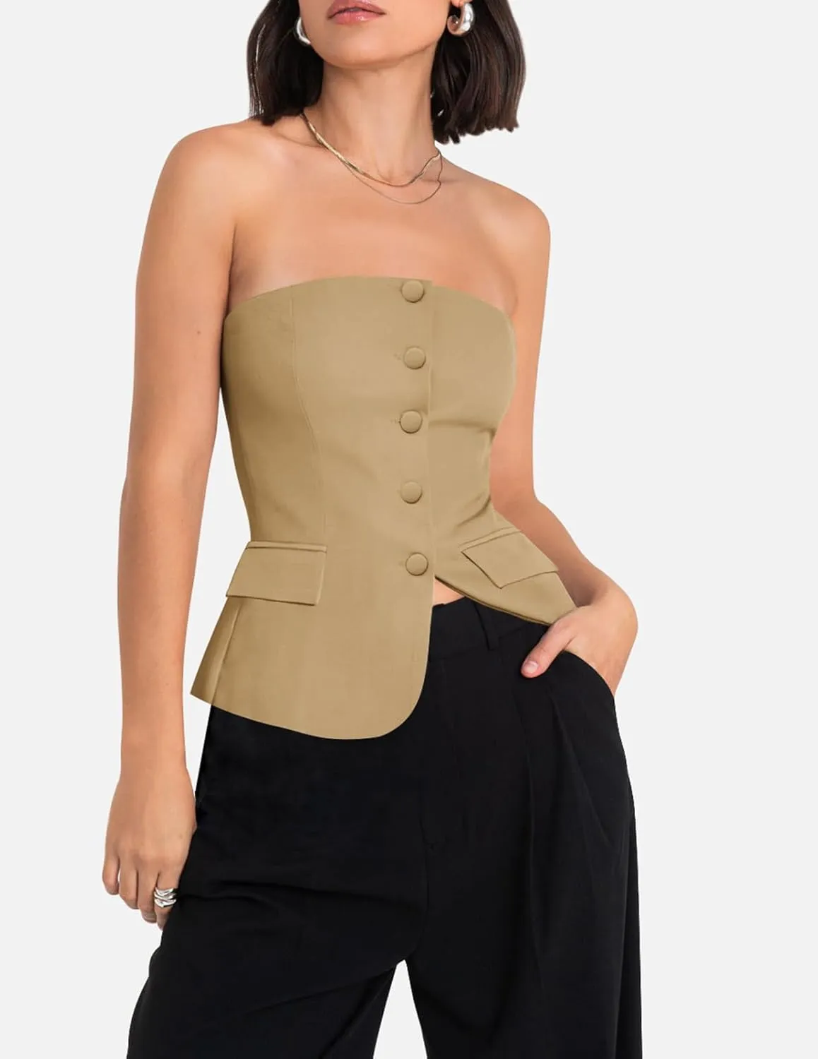 Yousify Womens Strapless Smocked Tube Top Sleeveless Button Fitted Blazer Vest 2025 Work Business Casual Tank Tops