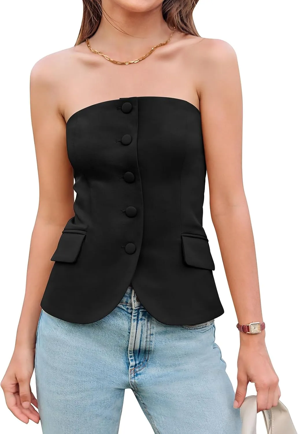 Yousify Womens Strapless Smocked Tube Top Sleeveless Button Fitted Blazer Vest 2025 Work Business Casual Tank Tops